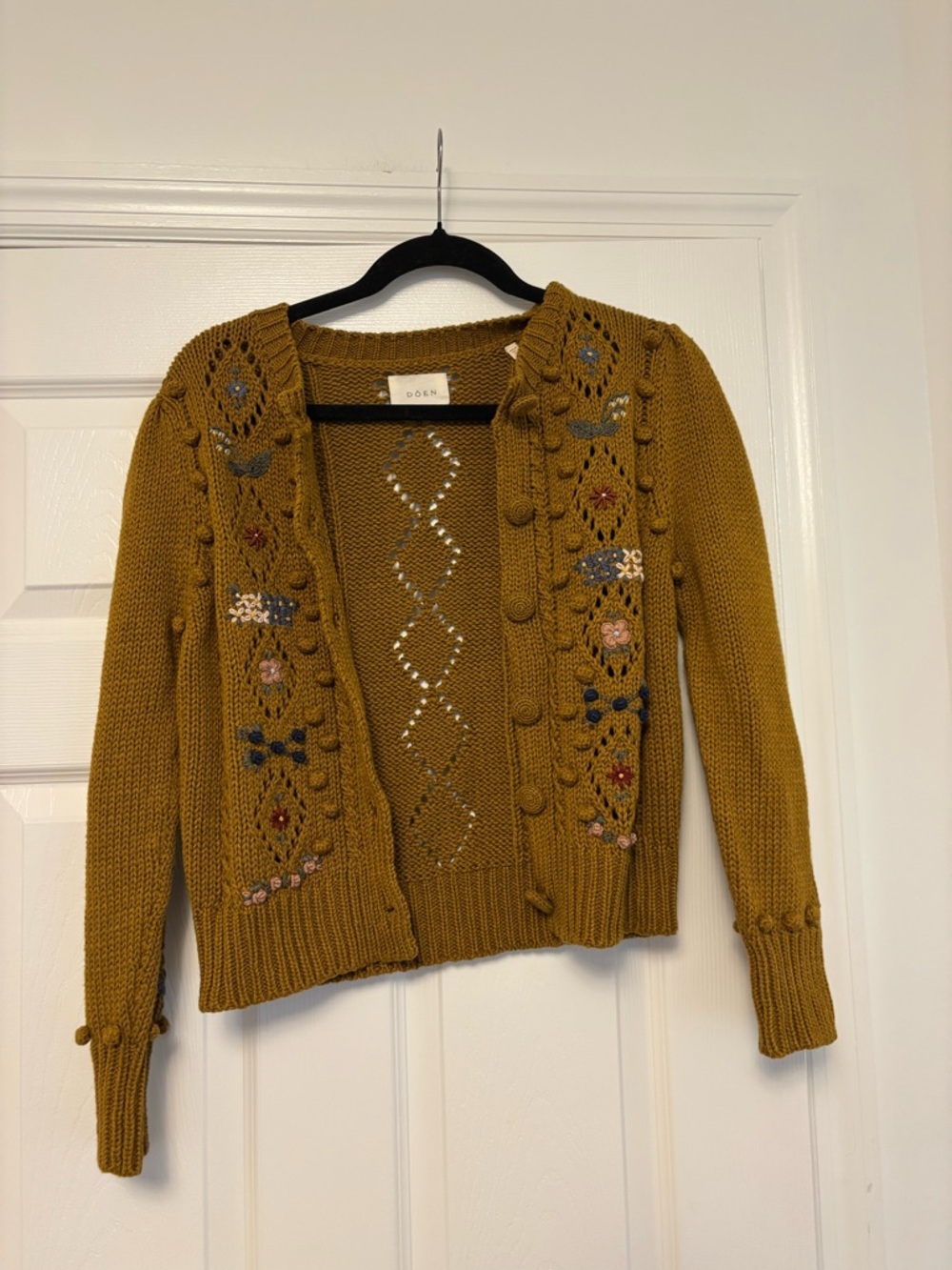 DÔEN Forget Me Not Cardigan Small Mustard Embroidered Organic Cotton - Picture 14 of 16